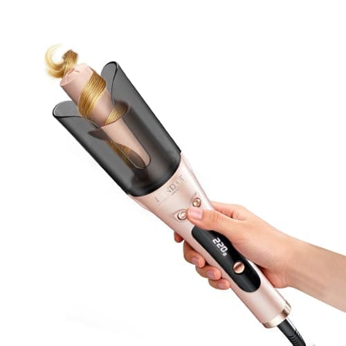 Image of LANDOT Automatic Rotating Hair Curler, Self Curling Wand with Anti-Scald Guard & One-Button Operation for Tangle-Free Curls, Dual Voltage & Fast Heating for Salon Curls - Rose Gold