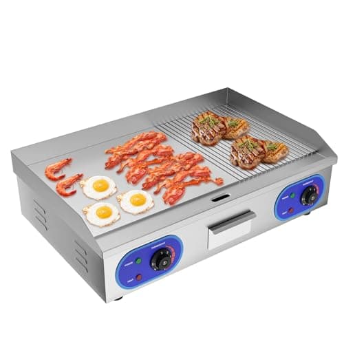 Image of TAIMIKO Commercial Electric Griddle Stainless Steel Grill BBQ 73cm Large Hotplate,Double UK Plug,4400W Burger Bacon Kitchen Barbeque Countertop (2/3 Flat + 1/3 Groove)