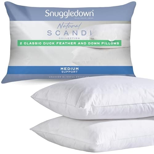 Image of Snuggledown Duck Feather & Down Pillows 2 Pack - 85:15 Ethically Sourced Fill for Back & Side Sleepers | Medium Support, Soft Cotton Cover, Non-Allergenic & UK-Made (48 × 74cm)