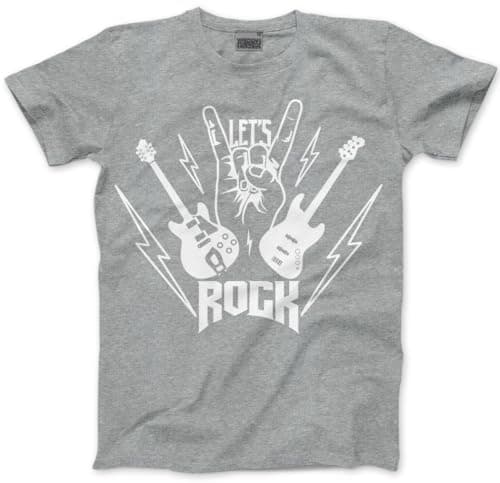 Image of Kids Rockstar Tshirt - Childrens Let's Rock! Guitar Band Kid T-Shirt Rock Star Day Top Rock N Roll Unisex School Tee - 7-8 Years Grey
