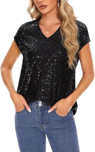 Image of Kyzoeyou Glitter Tops for Women UK Short Cap Sleeve T Shirt Sequin Blouse V Neck Tunic Top (Black S)