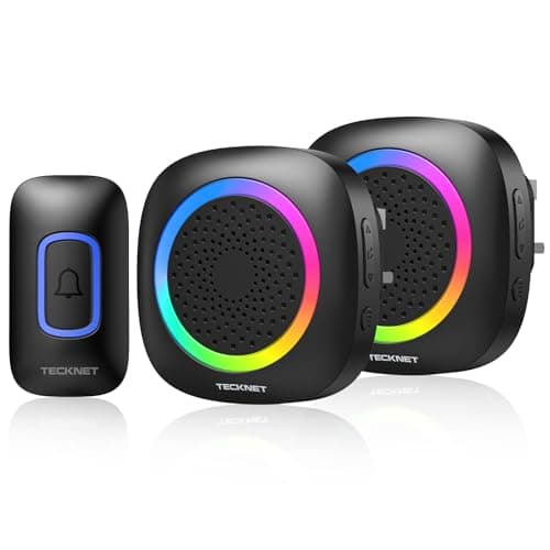 Image of TECKNET Wireless Doorbell, Plug in Door Bells Wireless Cordless with 2 Receivers, IP66 Waterproof Wireless Door Chime Kit with RGB Light, 400M Wireless Range, 60 Chimes, 5 Volume Level (Black)