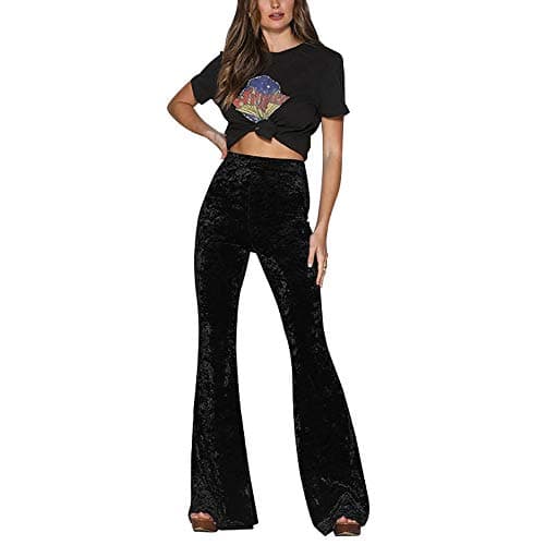 Image of Vintage Women High Waist Gold Velvet Bell Trousers Ladies Wide Leg Flare Long Pants Evening Party Wear (Black L)