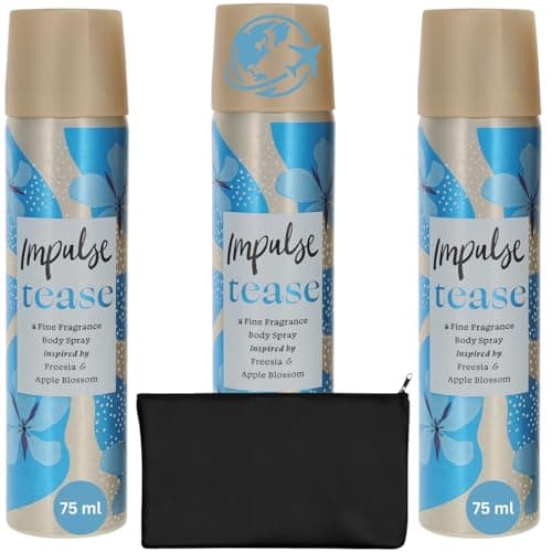 Image of Impulse Body Spray Womens Bundle, Tease by Wishesla 75-ml, Pack of 3 Ladies Deodorant Spray and Black Cosmetic Pouches For Toiletries (3-Pack Tease)