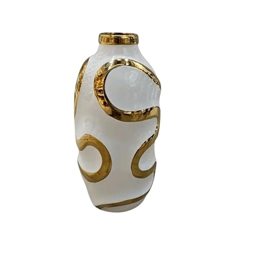 Image of Marigold Gold & White Squiggle Decorative Vase (25x12.5cm) - Modern Ceramic Statement Piece for Flowers or Fake Plant, Modern Home Decor for Living Room - Luxury Interiors by Rowen Homes (Medium)
