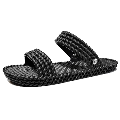 Image of LAVAU Slide Sandals for Women, Waterproof Two Strap Slippers for Beach, Pool, Shower, Outdoor, Recyclable, Black/White, 5.5 UK