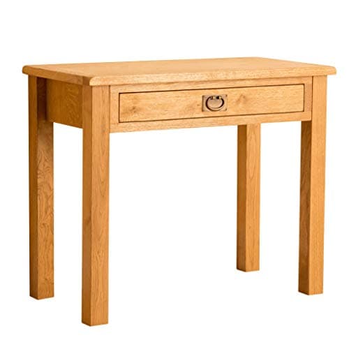 Image of RoselandFurniture Lanner Oak Work Desk for Home Office | Rustic Waxed Slim Solid Wood Computer Workstation Laptop Table with Drawer for Writing, Study or Dressing Table