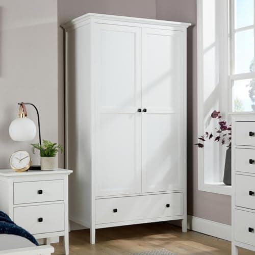 Image of Home Source Bedroom 2 Door 1 Drawer Wardrobe, Clothes Hanging Rail, Storage Shelf, White