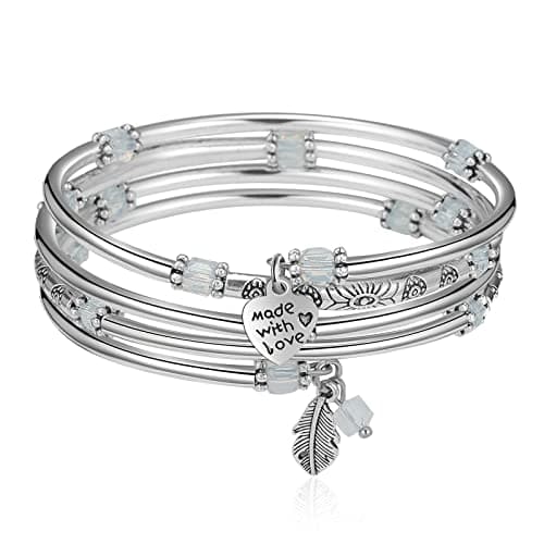 Image of FULU AUTUMN Silver Bangle Pearl Stacking Bracelets Boho Handmade Wrap Bracelet Fashion Jewellery Gift for Women(57-Opal)