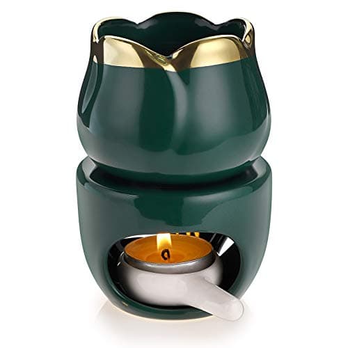 Image of BSTKEY Ceramic Essential Oil Burner Wax Melt Burner with Candle Spoon, Decorative Aroma Tealight Candle Holder Oil Burner for Wax Melt, Flower Model (Green)