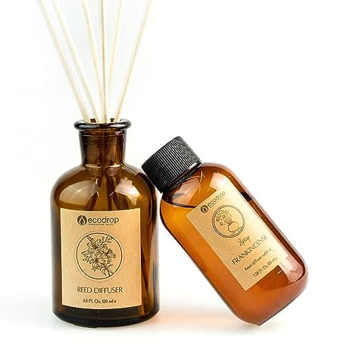 Image of Ecodrop Frankincense Reed Diffuser Set - 100ml | Relaxing Spice Scented Aromatherapy Fragrance Oil, a Glass Bottle & 6 Wooden Reed Sticks | Office & Home Spa Gift for Kitchen, Bedroom & Living Room