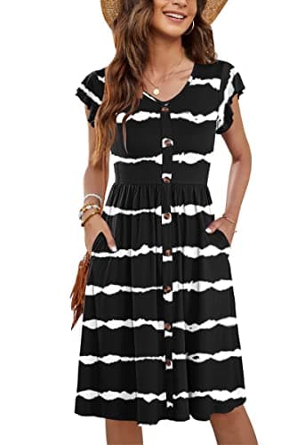 Image of MOLERANI Women's Beach DressesRuffle Sleeve V Neck Casual Swing Elastic Waist Midi Dress with Pockets Dark Black Wavy Stripe XL