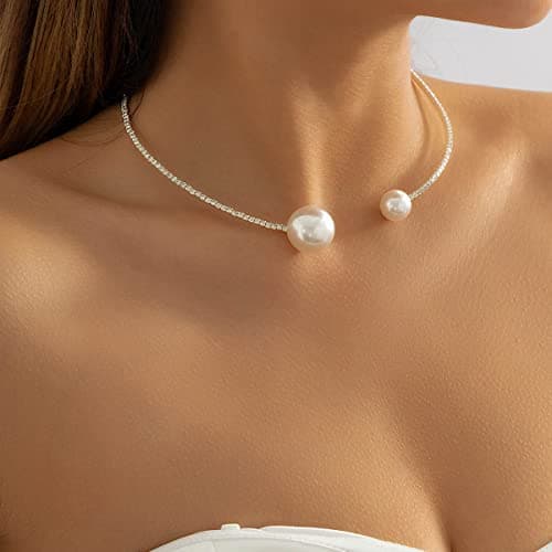 Image of Clataly Imitation Pearl Open Necklace Simple Single Layer Bracelets Silver Crystal Delicate Open Choker Necklace Jewelry for Women and Girls (Pearl Necklace)