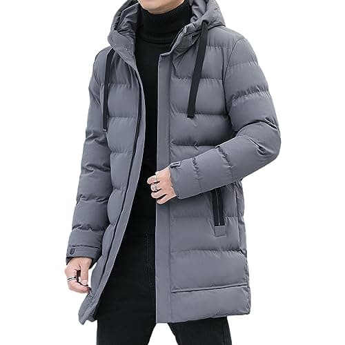 Image of aromm Men's Winter Warm Jacket with Hood Mid Length Zip up Quilted Padded Puffer Coats Grey, XXL