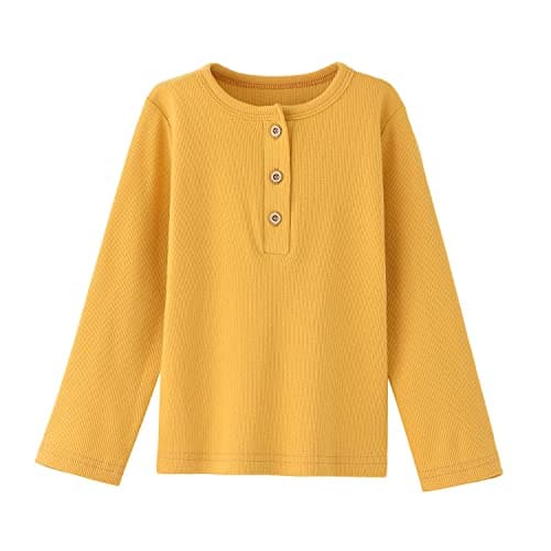 Image of BINIDUCKLING Kids Boys Girls Long Sleeve Henley T-Shirt Plain Top Tees with Buttons（3 Years, Yellow）