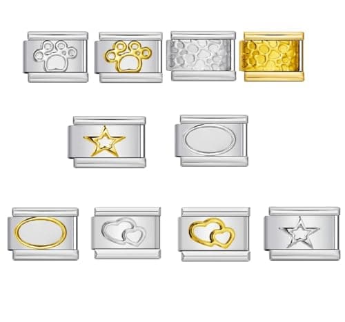 Image of Mon & Sons 10 Dog Cat Paw Gold Star Starter Modular Bundle Charm Silver Italian 9mm Link Stainless Steel Bracelet Compatible With Modular 9mm Link
