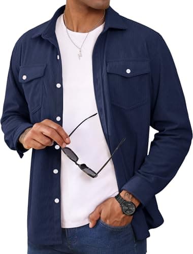 Image of MAGCOMSEN Men Corduroy Shirt Long Sleeve Casual Shacket Lightweight Button Closure Shirt Jacket with Chest Pocket Navy