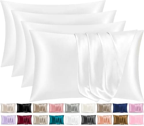 Image of Pamposh Satin Silk Pillowcases For Hair And Skin 4 Pack Standard Size with Envelope Closure (4 Pcs Pillowcases (50 x 75 cm), White)