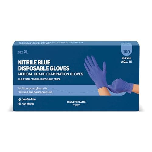 Image of Amazon Basic Care Blue Nitrile Disposable Gloves, Powder-Free, Size XL, 100 Gloves (Formerly Brand Hevea)