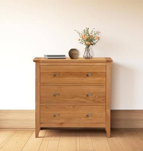 Image of Hallowood Furniture Hereford Oak Chest of Drawers, 3 Wooden Chest Drawers, Small Solid Light Oak Dresser for Bedroom, Living Room & Hallway, Fully Assembled Bedroom Furniture