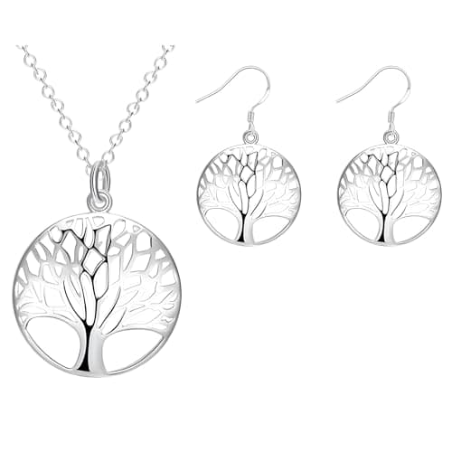 Image of Unified Jewellery Sterling Silver Tree of Life Necklace and Earrings Set for Women | Elegant Yggdrasil Pendant and Matching Dangle Earrings | Symbol of Growth, Strength & Connection 433