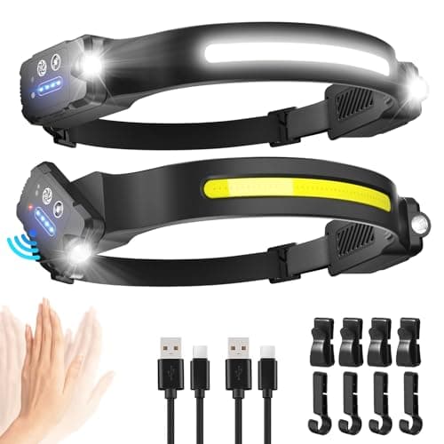Image of Head Torch Rechargeable, 2 Pack 28H Long Lasting Super Bright Headtorch, 300° Wide Beam & Adjustable Spotlight, 9 Modes With Motion Sensor, Waterproof Lightweight Headlamp for Camping Fishing Running