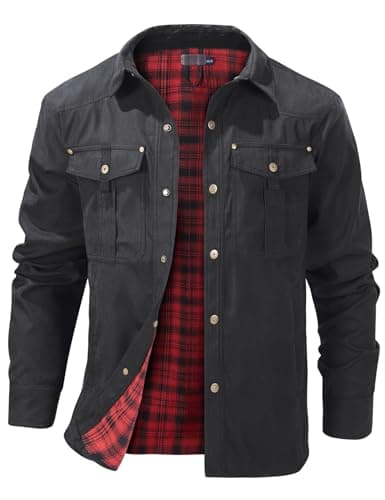 Image of Rousytn Flannel Lined Shirt Jacket for Men Lightweight Snap Button Western Cowboy Shirts Jackets Shacket, Black, L