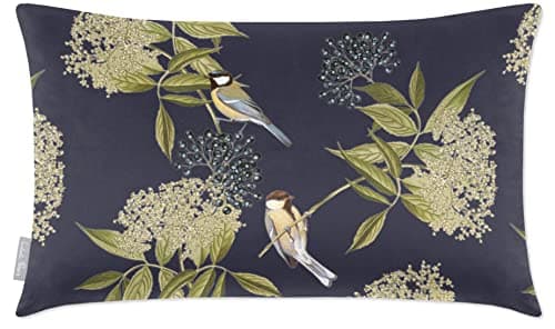 Image of Izabela Peters Cushions With Covers Included, Filled, Eco-Friendly Velvet, 50 x 30 cm, Bird on Elderflower - Graphite, Chair & Sofa Seat Cushions