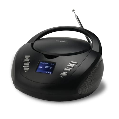 Image of Groov-e DAB Boombox - Portable CD Player with Radio, 3.5mm Aux Port, Bluetooth Speaker, & Alarm Clock - LED Display, 2x 1W Speakers - Battery or Mains Powered - Black