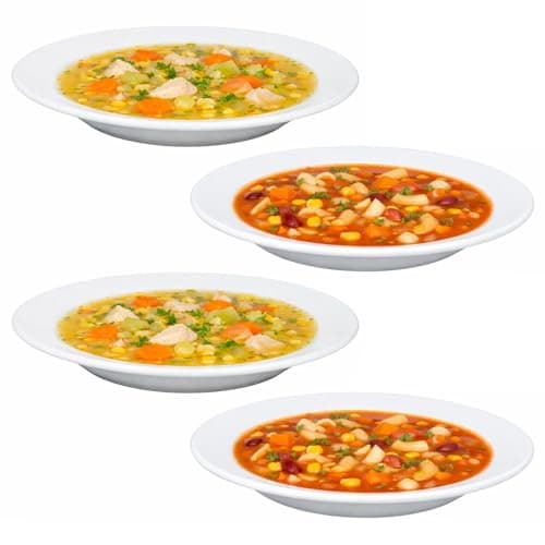 Image of UNIQUE HOME LIVING Soup Plates, 22.5cm Soup Plates with Wide Rim, Set of 4 Premium Porcelain Salad Pasta Bowls, White Shallow Food Plate Bowls, Durable, Microwave & Dishwasher Safe