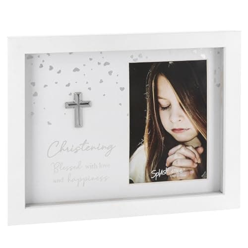 Image of Shudehill Giftware Sentiment Sparkle Christening 6x4 White Photo Frame - Christening Blessed With Love and Happiness Themed Gift Idea