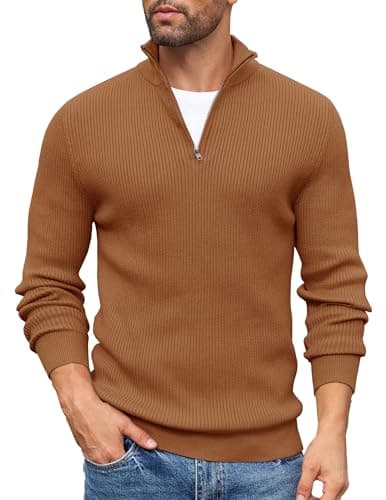 Image of COOFANDY Mens Quarter Zip Jumpers Half Zip Jumper Sweaters for Men Polo Neck Jumpers Golf Jumper Casual Winter Sweater Turtle Neck Tops Light Brown S