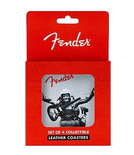 Image of Fender Vintage Ads Leather Drink Coaster Set, 4 Pack, Black and White, Gift for Guitar Fans