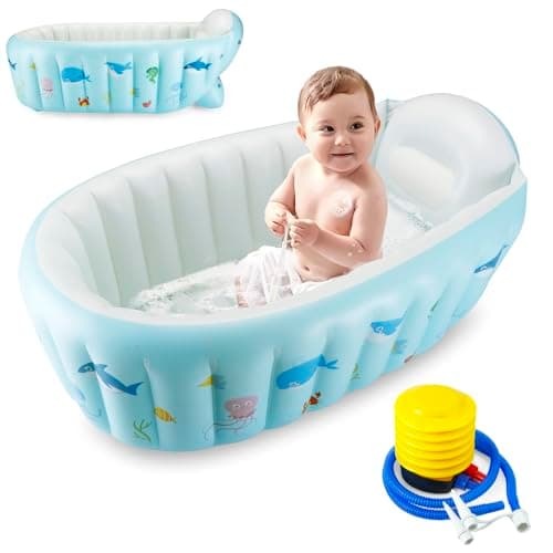 Image of PandaEar Inflatable Baby Bath Tub with Air Pump, Portable Toddler Bath Tub, Foldable Non-Slip Infant Baby Bathtub, Travel Baby Bath Mini Air Swimming Pool for Newborn (Sea)