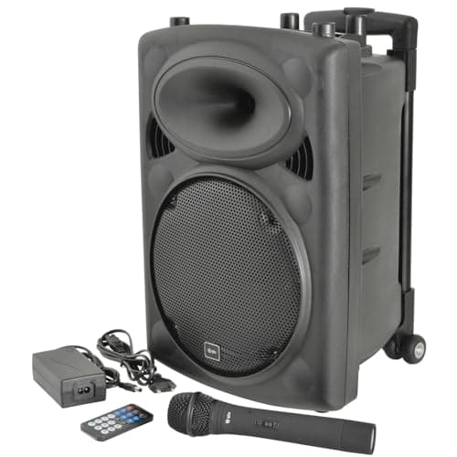 Image of QTX | QR10PA Portable PA Speaker System with Bluetooth, TWS Stereo, UHF Wireless Microphone, USB/SD/FM Media Player, Rechargeable Battery, Trolley, Compact Wireless Amplifier
