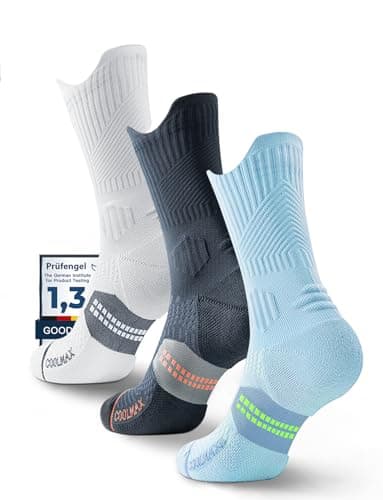 Image of Juclise Compression Running Crew Socks Coolmax Bamboo Moisture Wicking Cushioned Anti-Blister Walking Hiking Tennis sports trainer gym golf support Glacier White+charcoal+carolina Blue 8-12