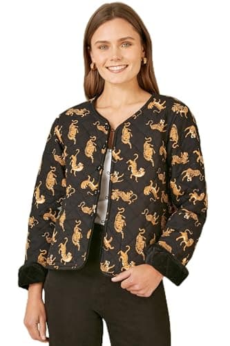 Image of Yumi Black Velvet Quilted Jacket With Reversible Leopard Lining 10 Black