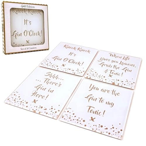 Image of Set of 4 Glass Coasters Gold Glitter Gin Slogan Coffee Table Party Placemats