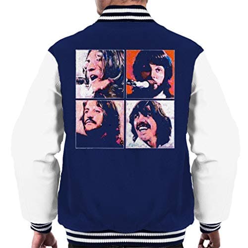 Image of ICONS MERCH The Beatles Let It Be Men's Varsity Jacket Original Portrait by Sidney Maurer (Oxford Navy Arctic White-XL)