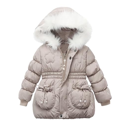 Image of Baby Girls Winter Coat Floral Embroidery Hooded Windproof Jacket Faux Fur Collar Warm Thick Parka Padded Coats Toddler Girls' jackets Outerwear Beige 12-18 Months