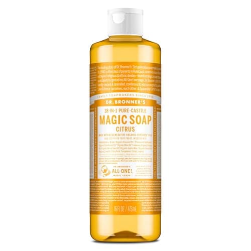 Image of Dr Bronner's 18-in-1 Citrus Orange Pure-Castile Liquid Soap, Made with Organic Oils, Used for Face, Body, Hair, Laundry, Pets and Dishes, Certified Fair Trade & Vegan Friendly, 473ml Recycled Bottle