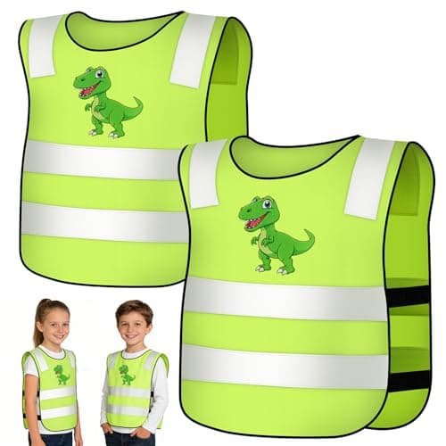 Image of BSBUY 2 Pieces Hi Vis Vests for Kids Children's Reflective Safety Vests High Visibility Fluorescent Reflective Vest Reflective Waistcoat for Children Running Cycling Camping Hiking(Dinosaur & Sun)