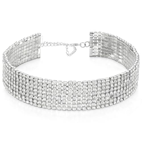 Image of FdcLixuvol Rhinestone Choker Silver Sparkling Choker Necklace for Women Sparkly Crystal Rhinestone Wide Chokers Adjustable Iced Out Jewelry Necklace for Bridal Wedding
