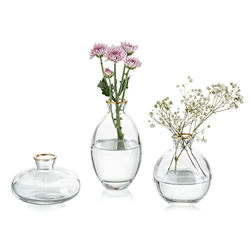 Image of Small Vase for Table Decoration Handmade Glass Vases for Flowers, 3Pcs Gold Rim Vintage Bud Vases Aesthetic Mini Vase Set for Kawaii Living Room Decor Bedroom Ornaments Wedding Centrepieces
