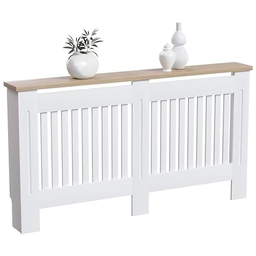 Image of Vida Designs Arlington Radiator Cover White - Large - Modern Shaker Style Vertical Slat Design For Optimal Heat Circulation - H83.3xW152xD19cm - Painted MDF Cabinet with Wood Top Shelf