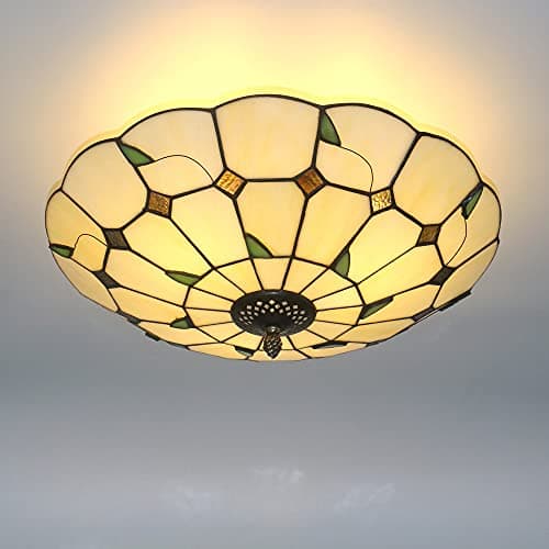 Image of Skyweel 16 Inch Vintage Leaf Tiffany Style Ceiling Light Stained Glass Ceiling Lamp Flush Mount Ceiling Lighting Fixtures Lamps (40CM Leaf B)