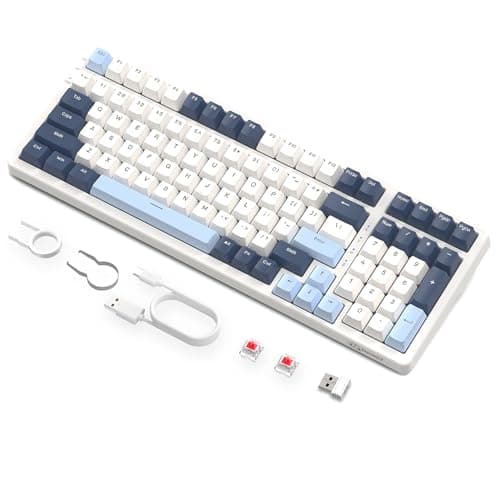 Image of FREEWOLF K8 Wireless Hot Swap Mechanical Gaming Keyboard, Wired RGB Rainbow Backlit Keyboard Red Switch, Bluetooth 5.0/2.4Ghz/USB- C Tri Mode with 4000mAH Battery, US Layout for Mac/Win - Blue/White