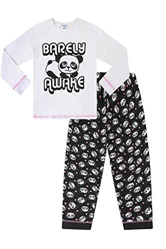 Image of ThePyjamaFactory Girls Barely Awake Panda Long Pyjamas Black and White Long Sleeved (9-10 Years)