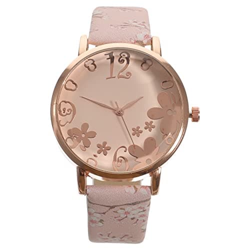 Image of Hemobllo Women's Floral Watch - Elegant Cherry Blossom Design Pink Leather Strap Wristwatch, Rose Gold Quartz Fashion Watch for Teens Girls, Birthday Mothers Day Gift