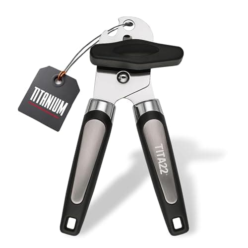 Image of TITA22™ Titanium Coated Manual Tin Opener – Heavy Duty Stainless Steel with Titanium Coating, Ultra Sharp, Ergonomic Soft Grip Handles – Smooth Edge, Safe & Durable Kitchen Tool